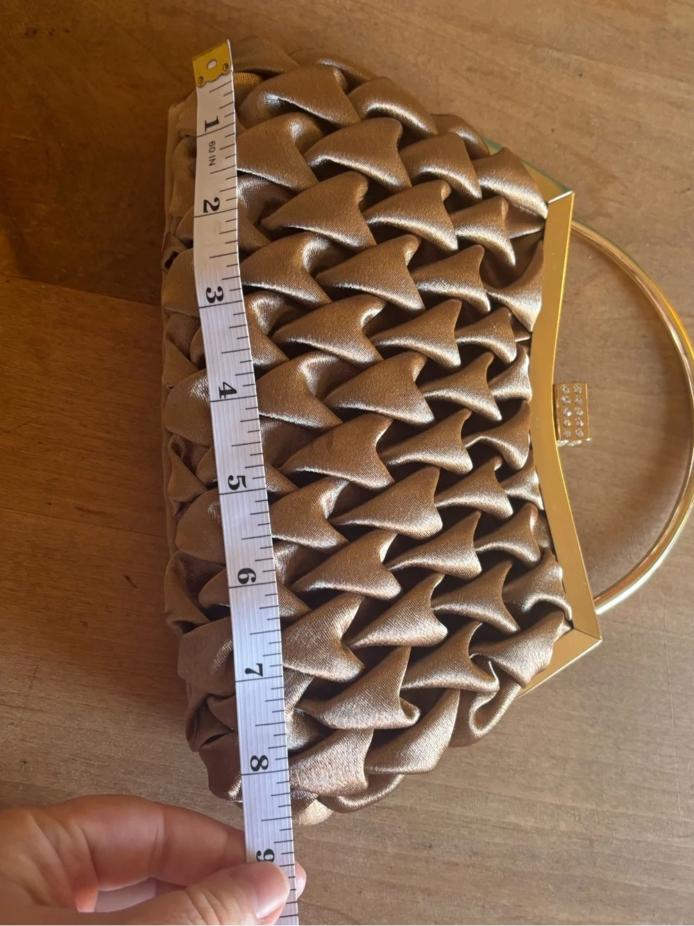 NWT Gold Pleated Satin Evening Clutch with Rhinestone Clasp Chain Strap Event